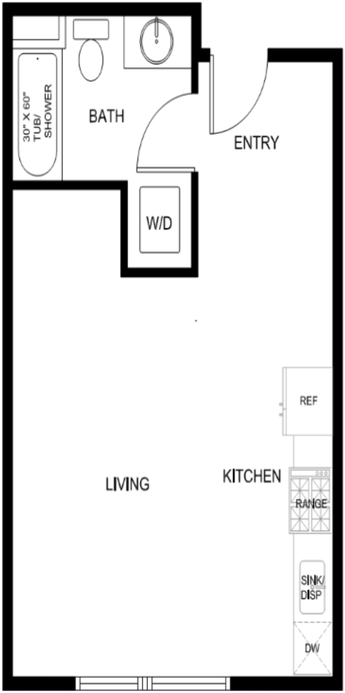 Floor plan for studio, 1 bath, 386 sqft